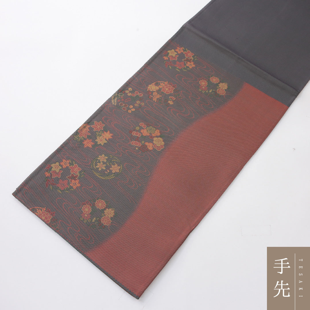 袋帯 帯丈432cm 正絹 六通 帯芯なし セミフォーマル 光琳波 丸文 グレー系 赤系 1243-02223
