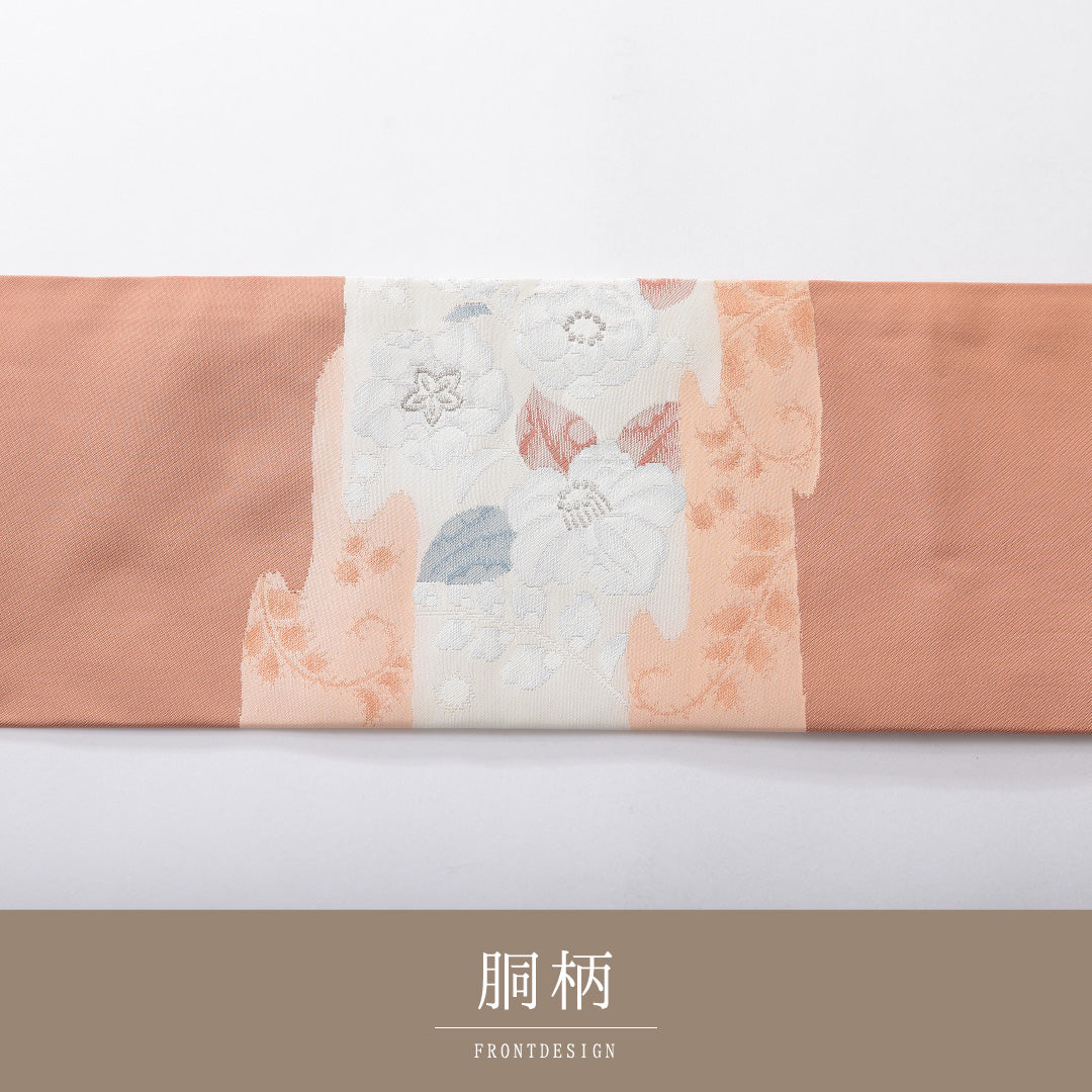 九寸名古屋帯 帯丈354cm インフォーマル 名古屋仕立て ポイント柄 Sランク 正絹 椿 ピンク系 朱系 1224-03920