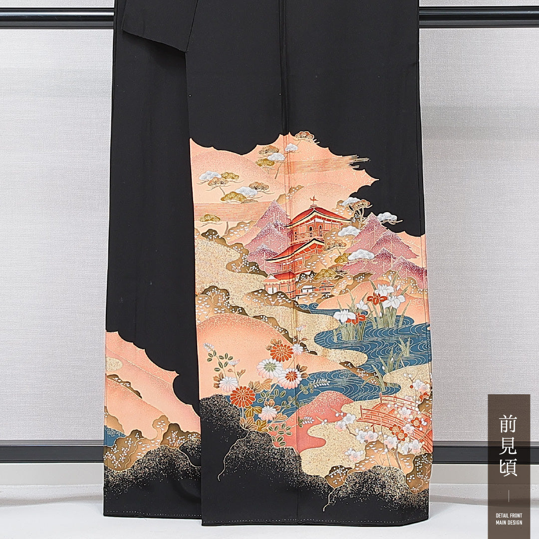 黒留袖 袷 身丈161cm 裄丈64cm 三つ紋 丸に桔梗 フォーマル Aランク Lサイズ 正絹 比翼仕立て 広衿 楼閣 松 1211-F0680