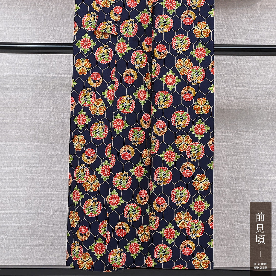 小紋 単衣 身丈151cm 裄丈63cm 正絹 Dランク Sサイズ バチ衿 インフォーマル 亀甲 菊 紺系 1215-15482