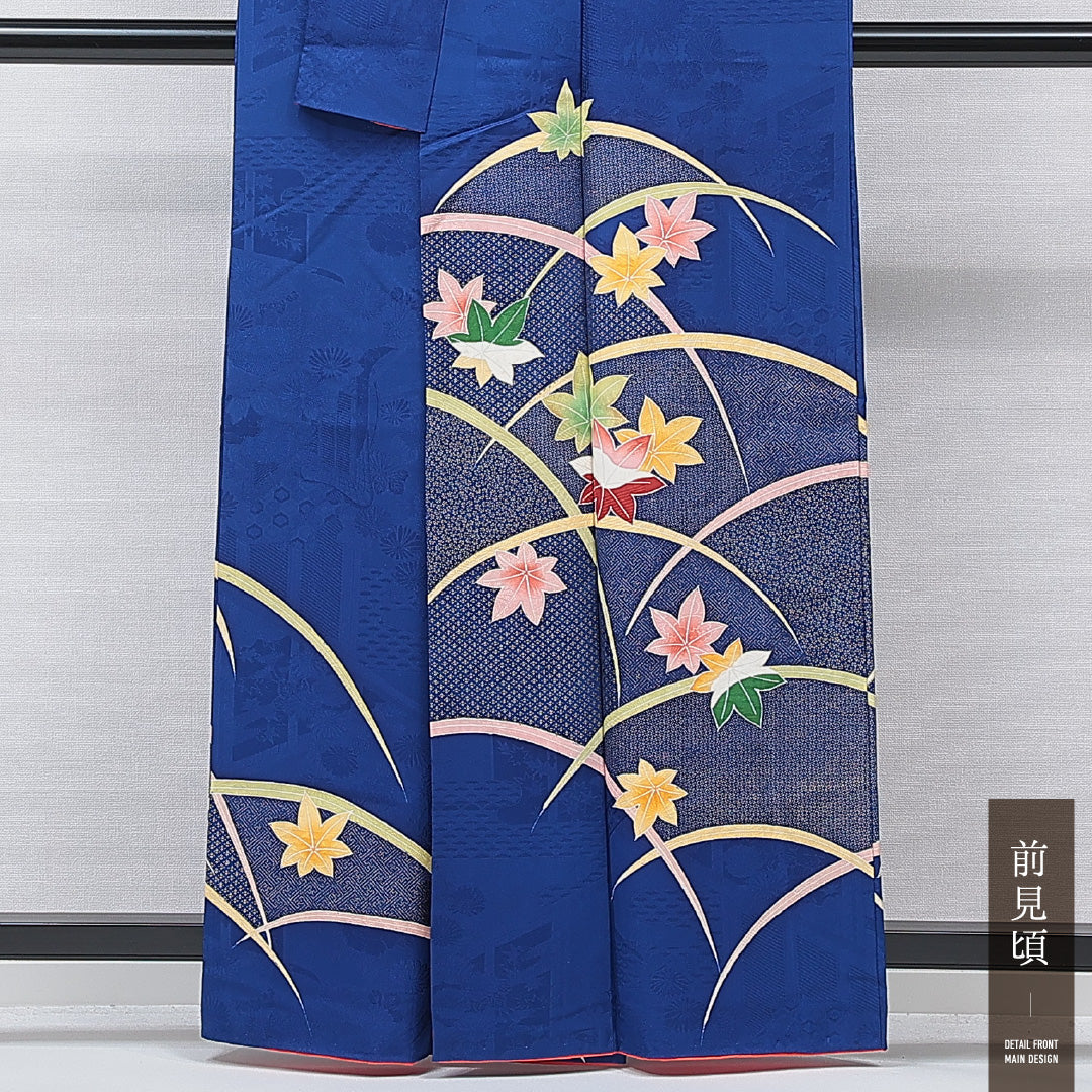 訪問着 袷 身丈161cm 裄丈64cm 正絹 Sランク セミフォーマル 広衿 Lサイズ 芝草 楓 古典的 舞台衣装 青系 RP 1217-15869