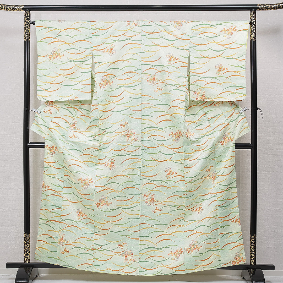 小紋 洗える着物 袷 身丈162cm 裄丈61cm ポリエステル Bランク Lサイズ 広衿 インフォーマル 源氏車 菊 緑系 1215-15806