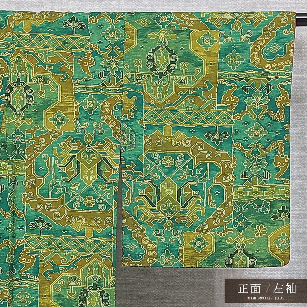 洗える着物 紬 袷 身丈159cm 裄丈62cm ポリエステル Aランク カジュアル 広衿 Mサイズ 創作柄 緑系 RP 1223-16391