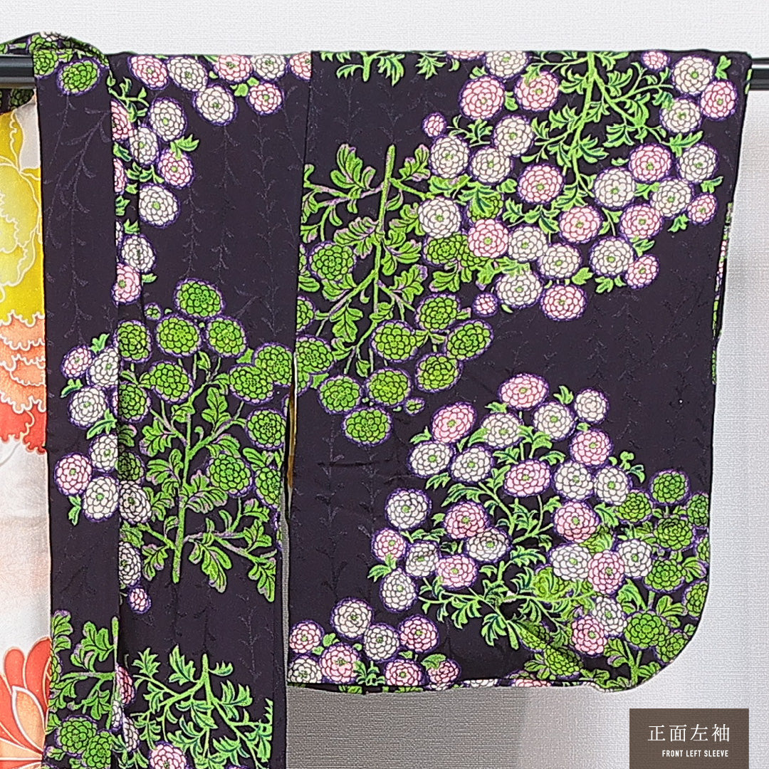 アンティーク 羽織 袷 身丈97cm 裄丈63cm 正絹 Bランク Sサイズ ちりめん 菊 紫系 1217-16821