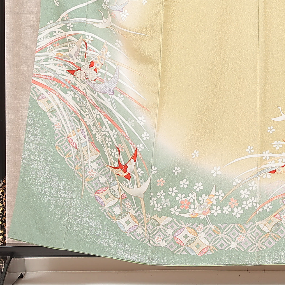 訪問着 袷 身丈159cm 裄丈65cm 正絹 Aランク Mサイズ 広衿 セミフォーマル 鶴 桜 緑系 1212-16892