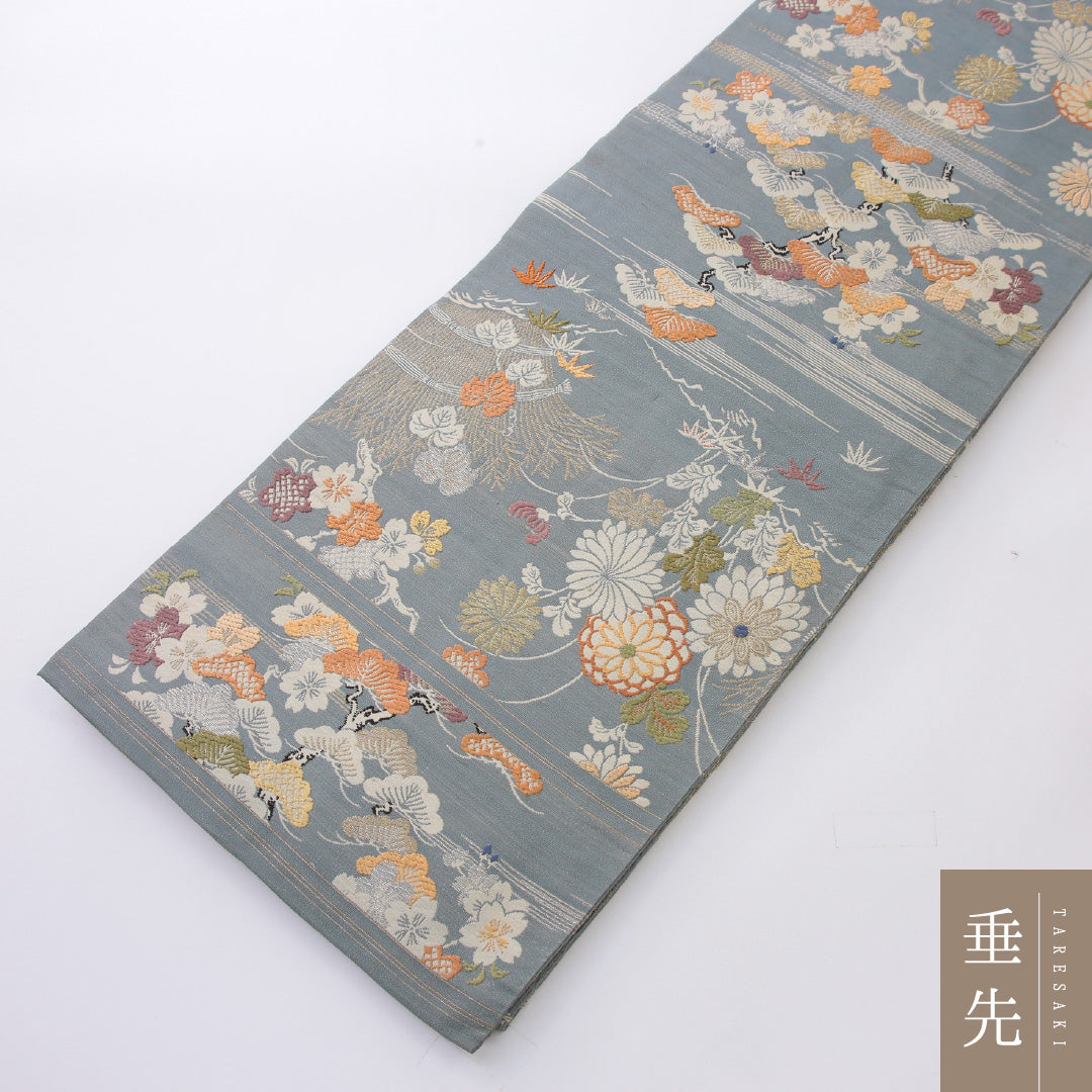 アンティーク 丸帯 帯丈414cm 正絹 全通 四季草花 水色系 グレー系 1242-02201