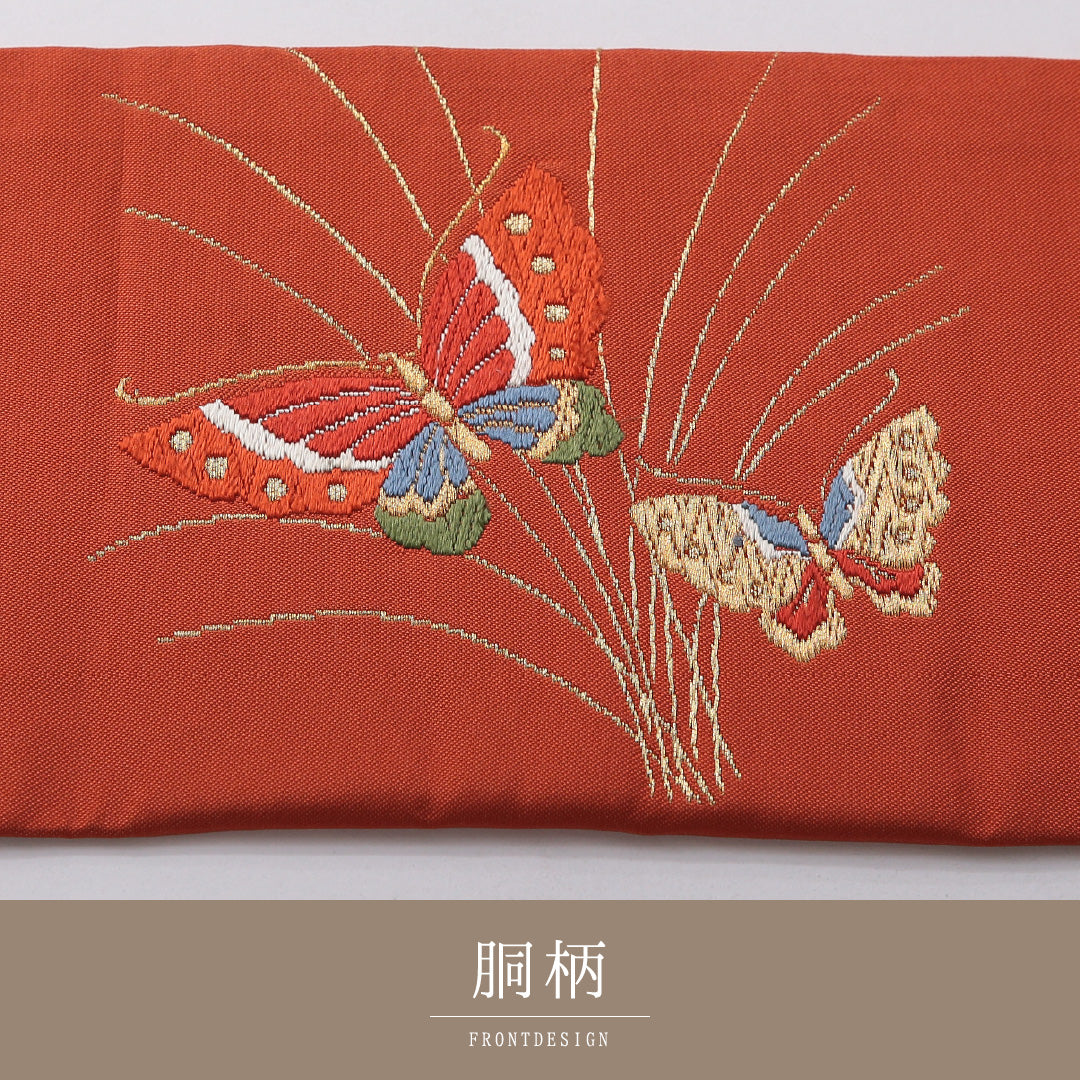 アンティーク 九寸名古屋帯 帯丈366cm カジュアル 名古屋仕立て ポイント柄 Dランク 正絹 蝶 朱系 金系 1224-03521