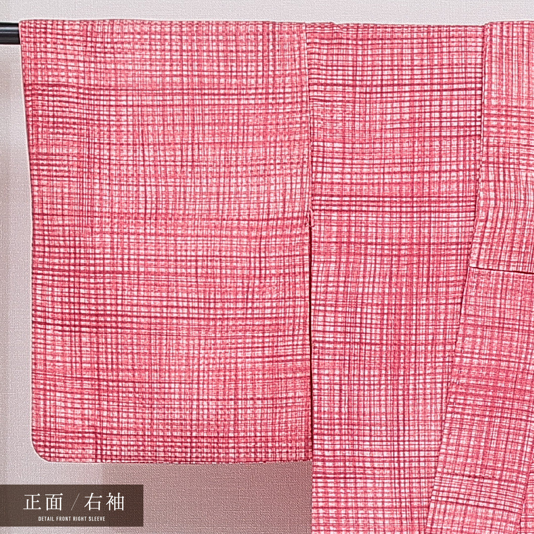 小紋 洗える着物 袷 身丈158cm 裄丈63cm ポリエステル Aランク Mサイズ 広衿 インフォーマル 格子 ピンク系 1215-16393
