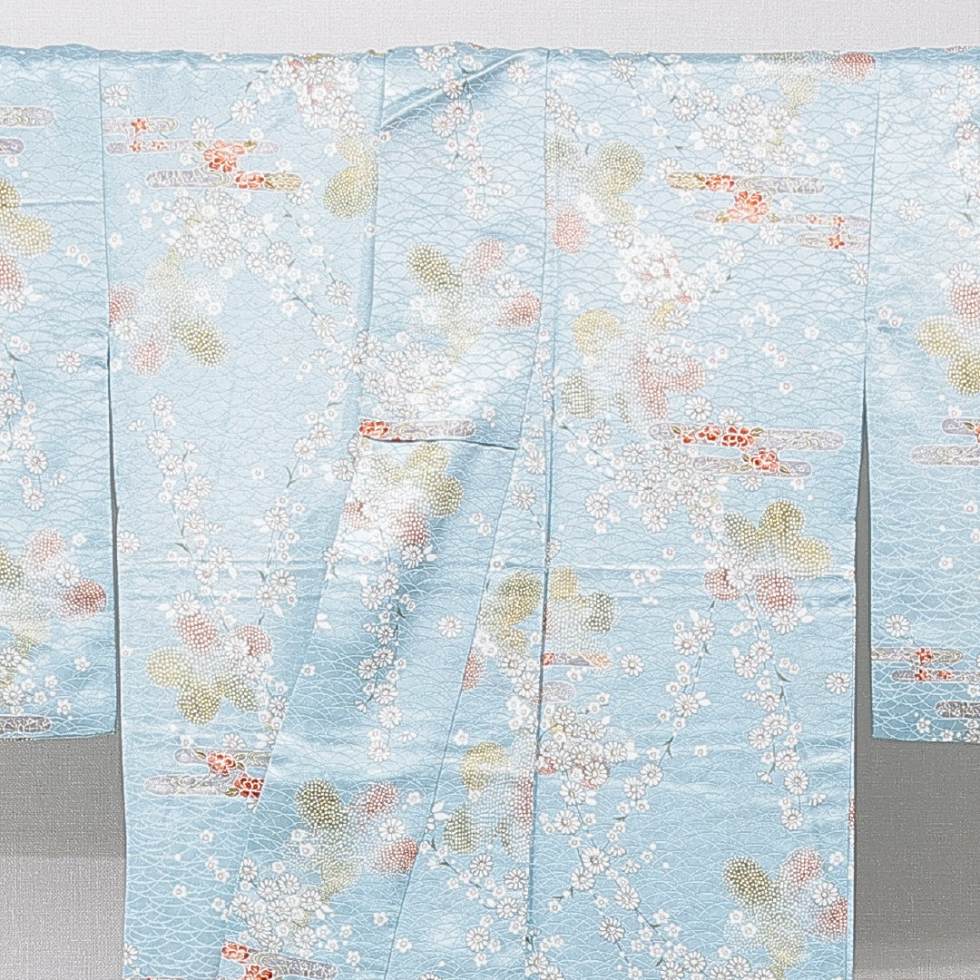 小紋 洗える着物 袷 身丈159cm 裄丈64cm ポリエステル Cランク Mサイズ 広衿 インフォーマル エ霞 梅 水色系 1215-15838