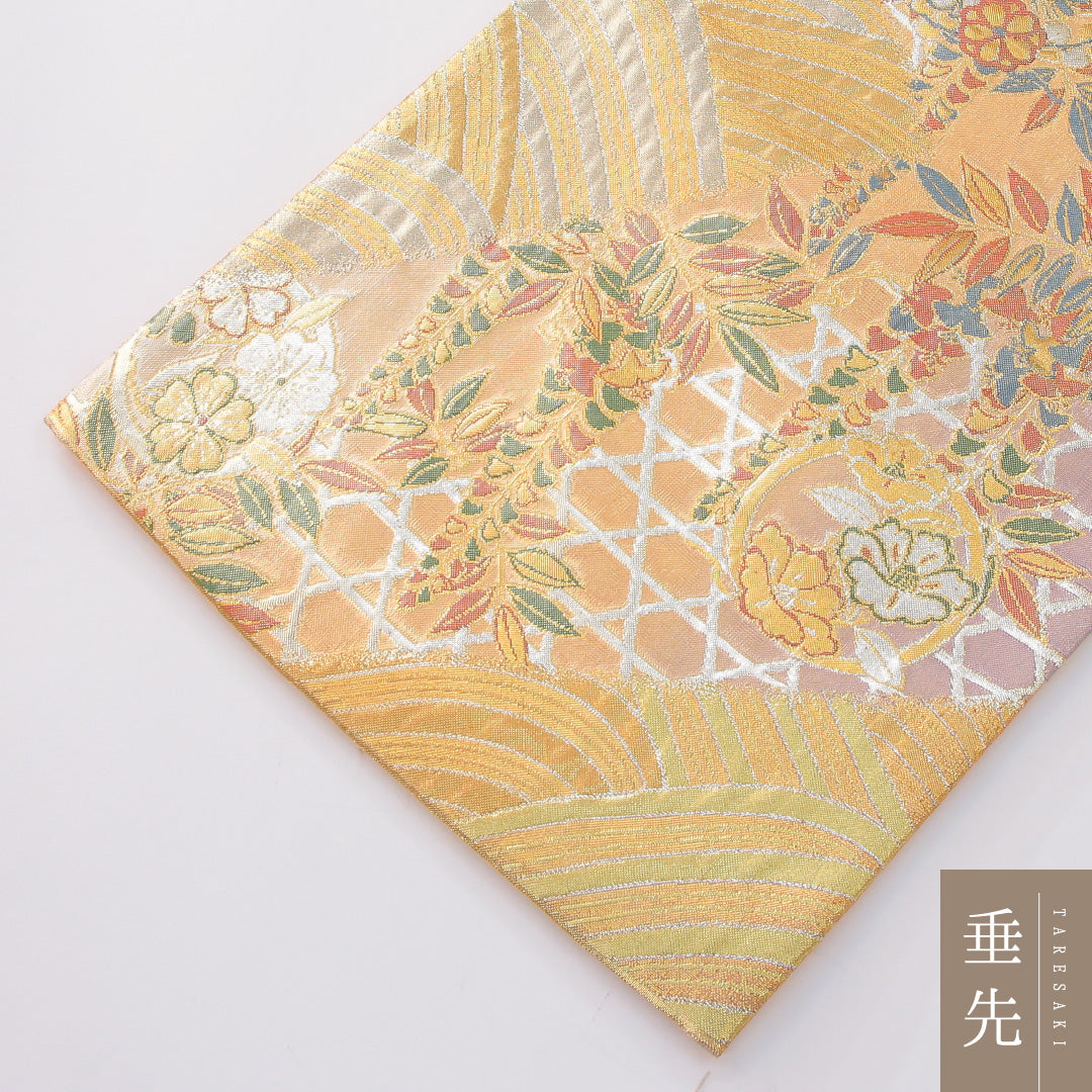 袋帯 帯丈436cm 正絹 六通 帯芯なし フォーマル 裂取り 吉祥文様 金系 1243-02265