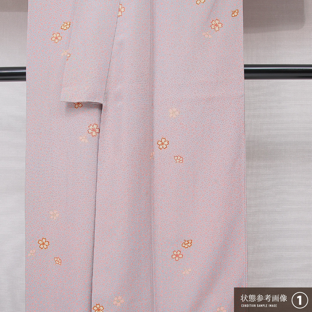 小紋 袷 身丈162cm 裄丈65cm 正絹 Bランク インフォーマル 広衿 Lサイズ 桜 グレー系 RP 1221-15198