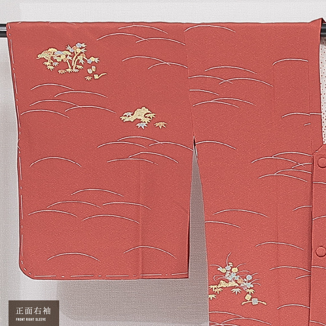 道行コート 袷 身丈87cm 裄丈65cm 正絹 Sランク Mサイズ フォーマル ポケットあり 松 赤系 朱系 1263-15129