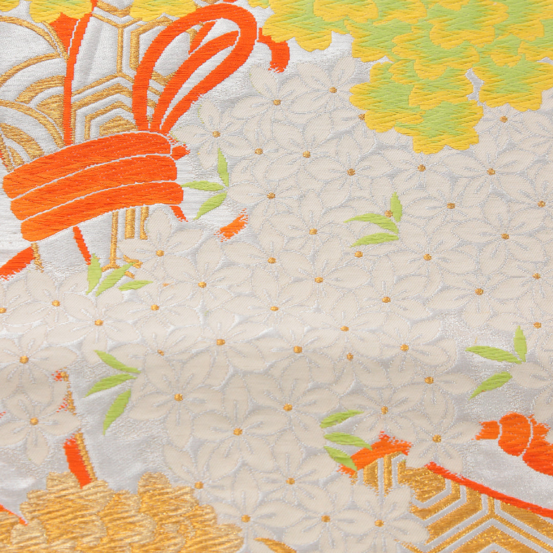 アンティーク 袋帯 帯丈416cm 六通 Aランク 正絹 唐織 古典柄 クリーム系 1223-02320