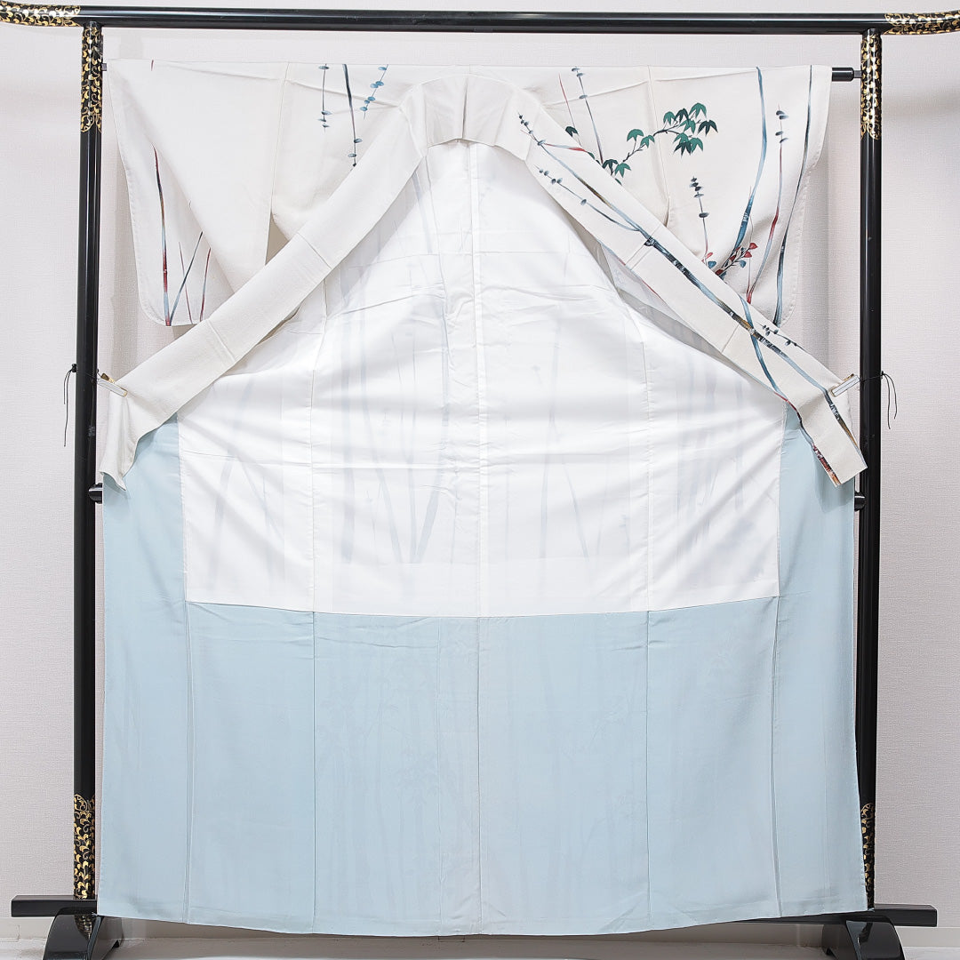 小紋 袷 身丈166cm 裄丈64cm 正絹 Cランク XLサイズ 広衿 インフォーマル 植物柄 ベージュ系 1215-15645