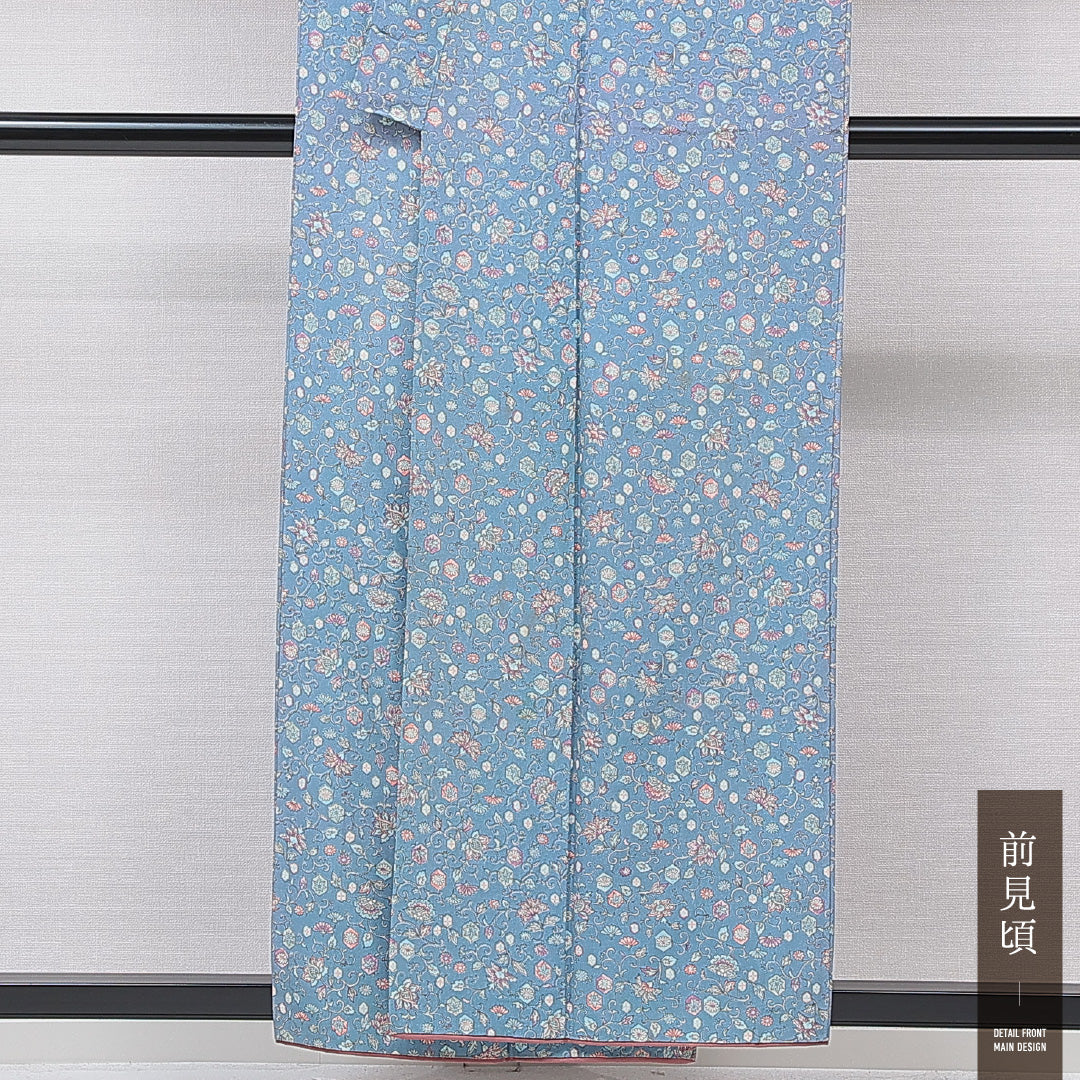 小紋 袷 身丈156cm 裄丈64cm 正絹 Sランク インフォーマル バチ衿 Mサイズ 唐華 水色系 RP 1221-15896