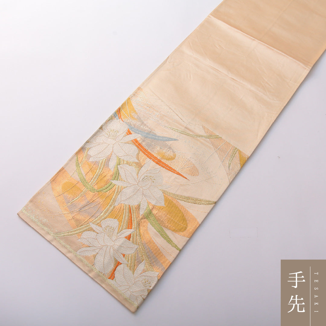 袋帯 帯丈428cm フォーマル 六通 Aランク 正絹 水仙 クリーム系 1223-01978