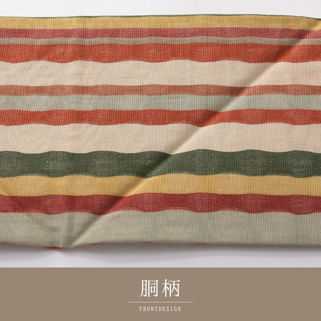 九寸名古屋帯 帯丈349cm カジュアル 名古屋仕立て 全通 Bランク 正絹 縞 多色系 1224-03825