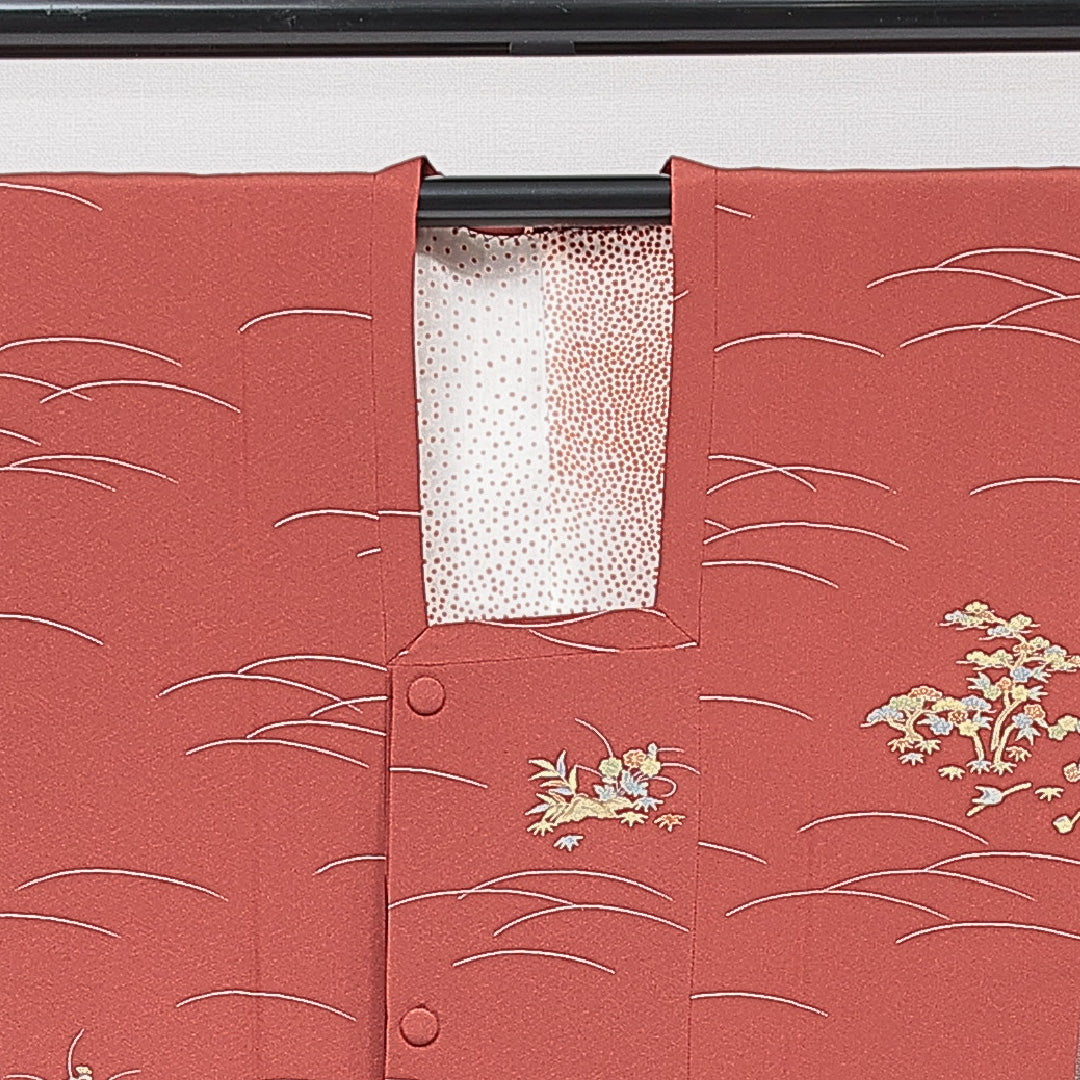 道行コート 袷 身丈87cm 裄丈65cm 正絹 Sランク Mサイズ フォーマル ポケットあり 松 赤系 朱系 1263-15129