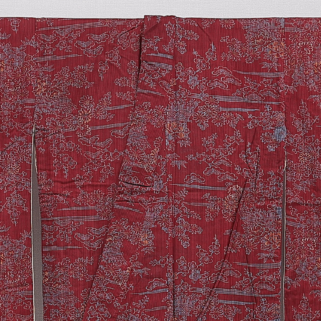 アンティーク 小紋 袷 身丈138cm 裄丈60cm 正絹 Bランク 広衿 XSサイズ 染め紬 菊 赤系 RP 1221-15512