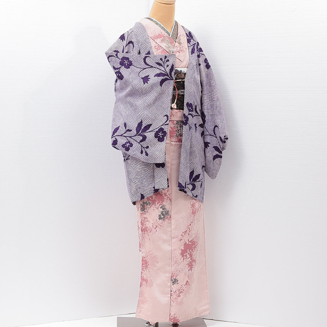 羽織 袷 身丈81cm 裄丈63cm 正絹 Sランク カジュアル Sサイズ 花柄 鹿の子柄 紫系 RP 1232-15256