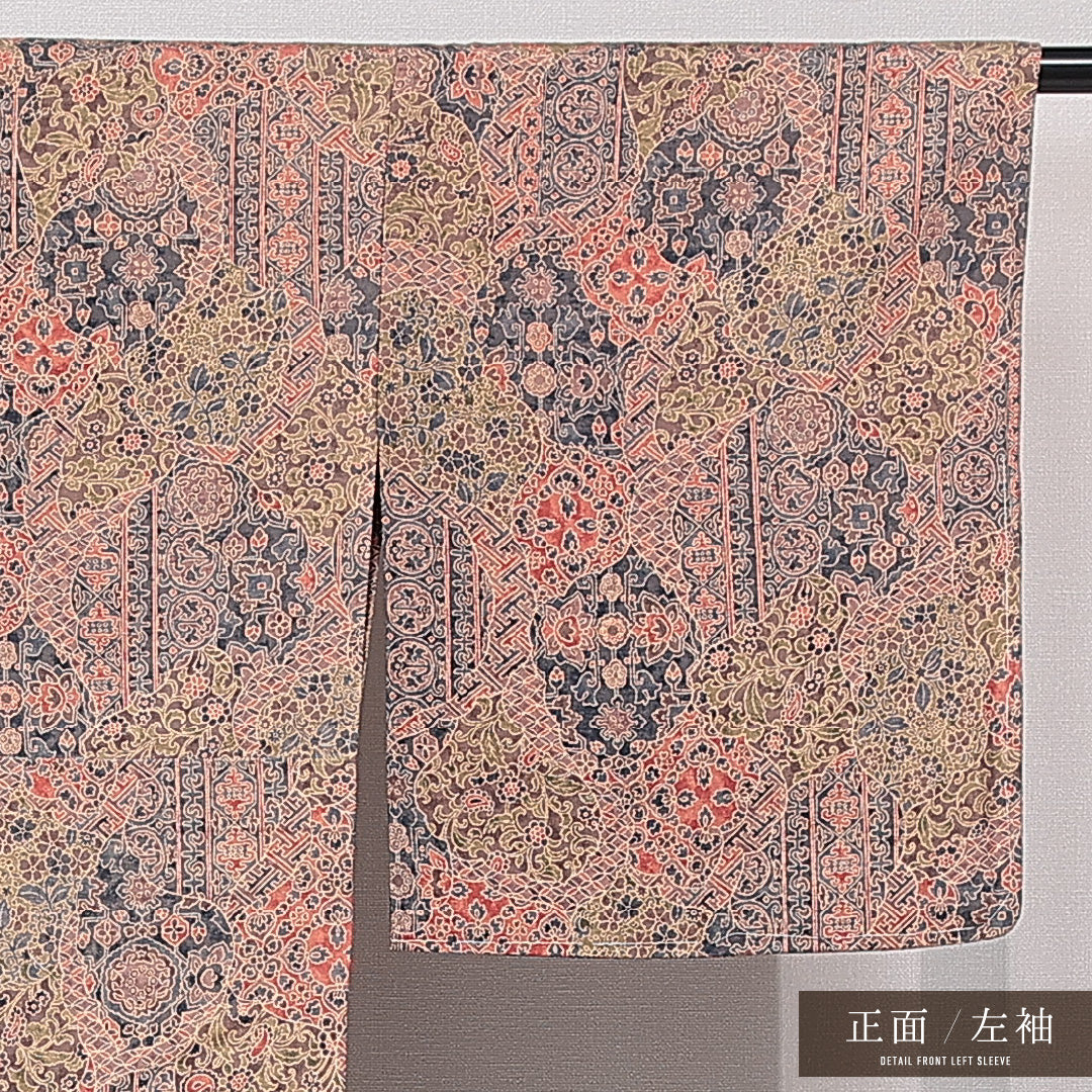 小紋 単衣 身丈159cm 裄丈66cm 正絹 Sランク インフォーマル 広衿 Mサイズ 染め紬 アラベスク文様 多色系 RP 1221-15327