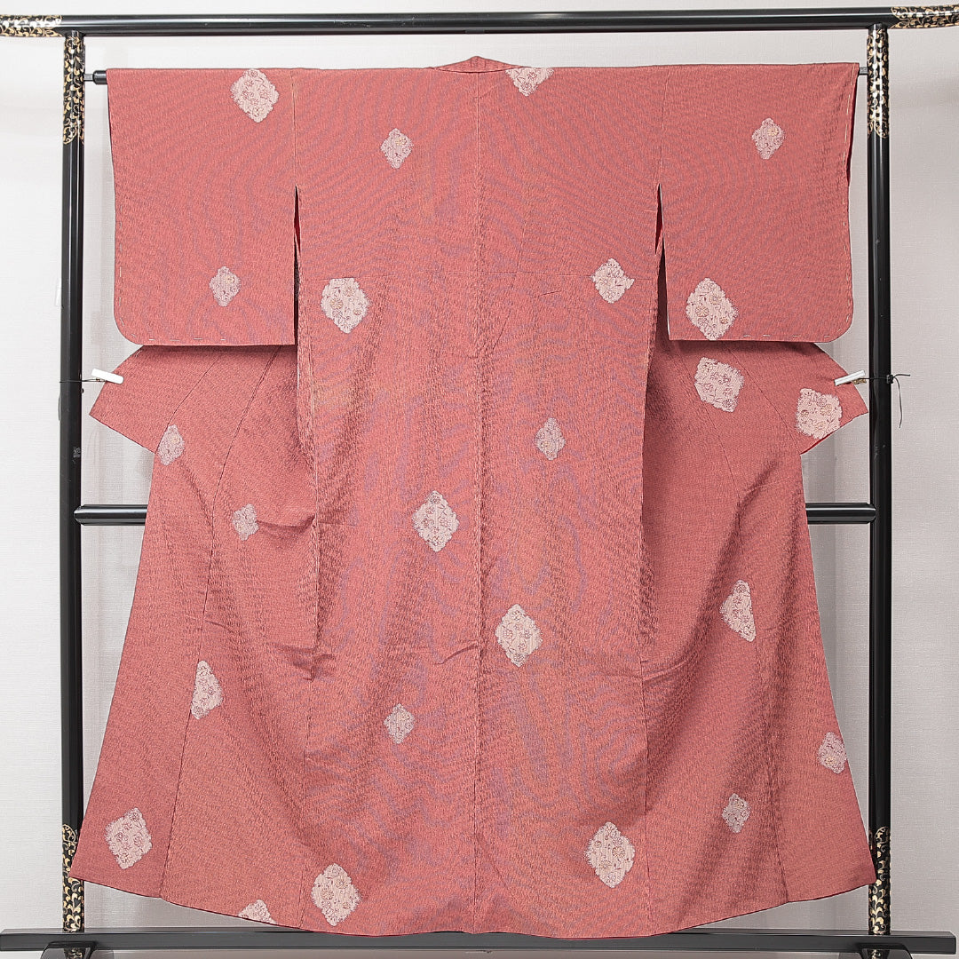 アンティーク 紬 袷 身丈153cm 裄丈63cm 正絹 Aランク Sサイズ 広衿 花柄 赤系 1216-15233