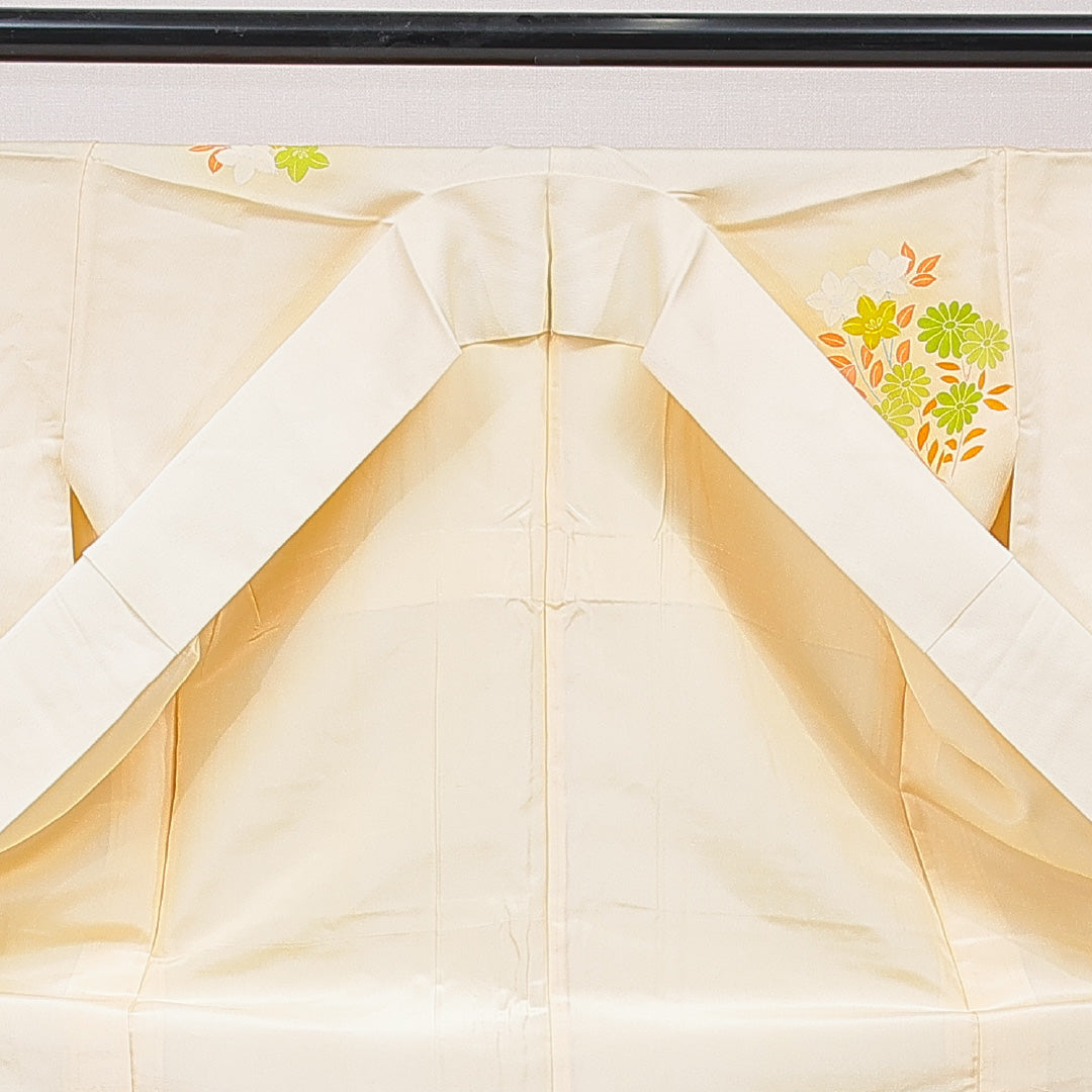 付下げ 袷 身丈166cm 裄丈66cm 正絹 Cランク XLサイズ 広衿 インフォーマル 花柄 クリーム系 1261-15655