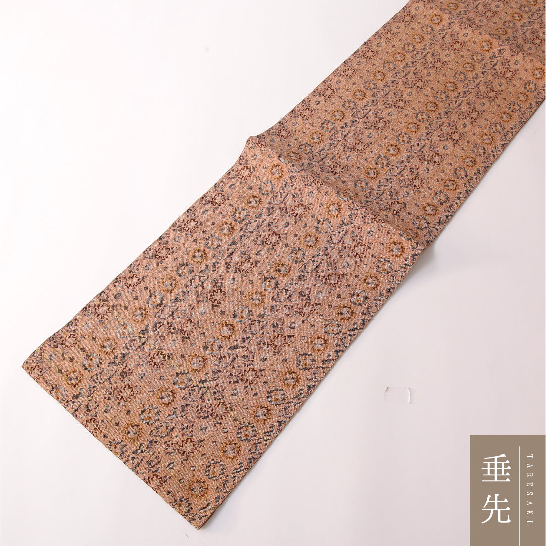 八寸名古屋帯 Sランク 帯丈340cm 正絹 全通 開き仕立て 織り カジュアル 紬 花柄 グレーの混ざった深いピンク系 RP 1245-03156