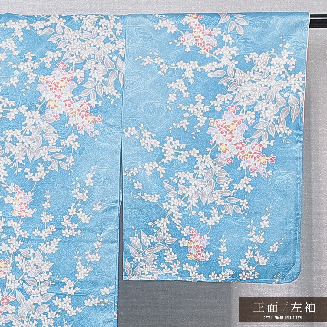 洗える着物 小紋 袷 身丈162cm 裄丈64cm ポリエステル Sランク インフォーマル 広衿 Lサイズ 桜 水色系 RP 1221-15833