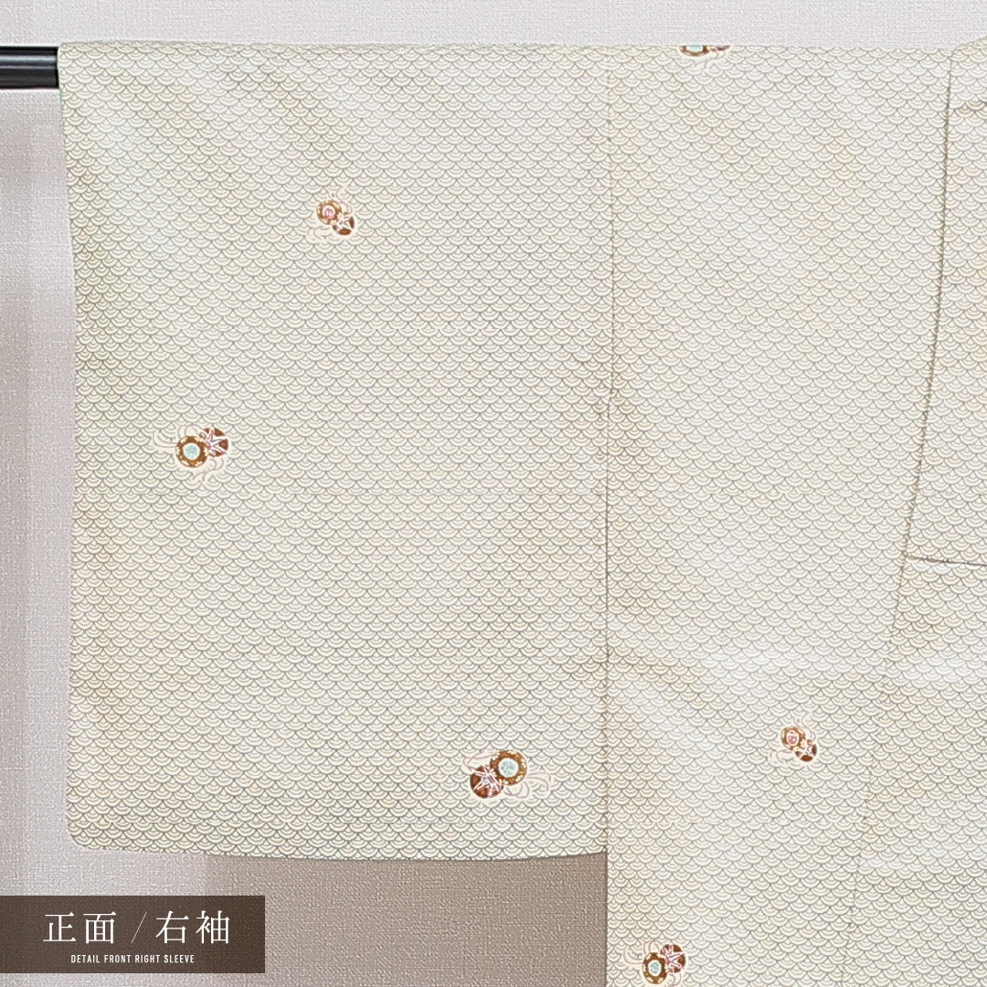 小紋 洗える着物 袷 身丈146cm 裄丈62cm ポリエステル Cランク XSサイズ 広衿 インフォーマル 鼓 青海波 緑系 1215-16316