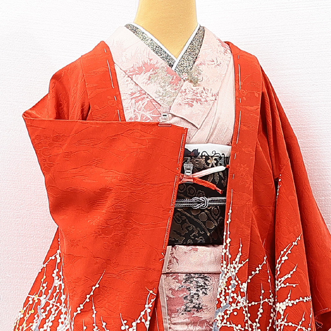 絵羽羽織 袷 身丈78cm 裄丈63cm 正絹 Sランク インフォーマル Sサイズ 紐あり 梅 赤系 RP 1234-15285