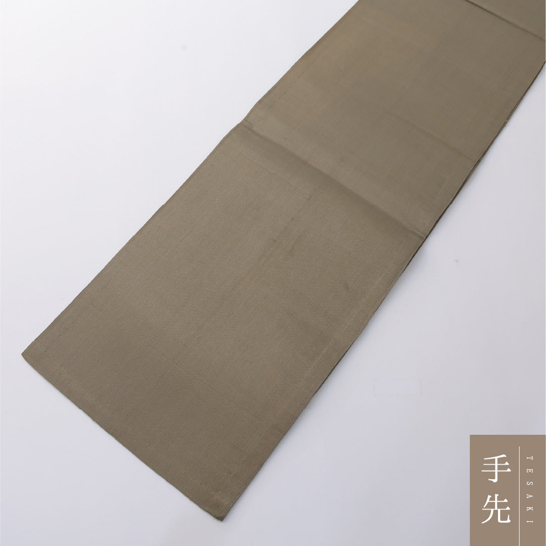 九寸名古屋帯 帯丈348cm セミフォーマル 開き仕立て 六通 Cランク 正絹 幾何学柄 グレー系 緑系 1224-03282