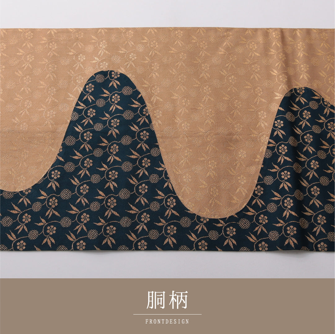 九寸名古屋帯 帯丈432cm カジュアル 開き仕立て 六通 Aランク 正絹 植物柄 紺系 1224-03516