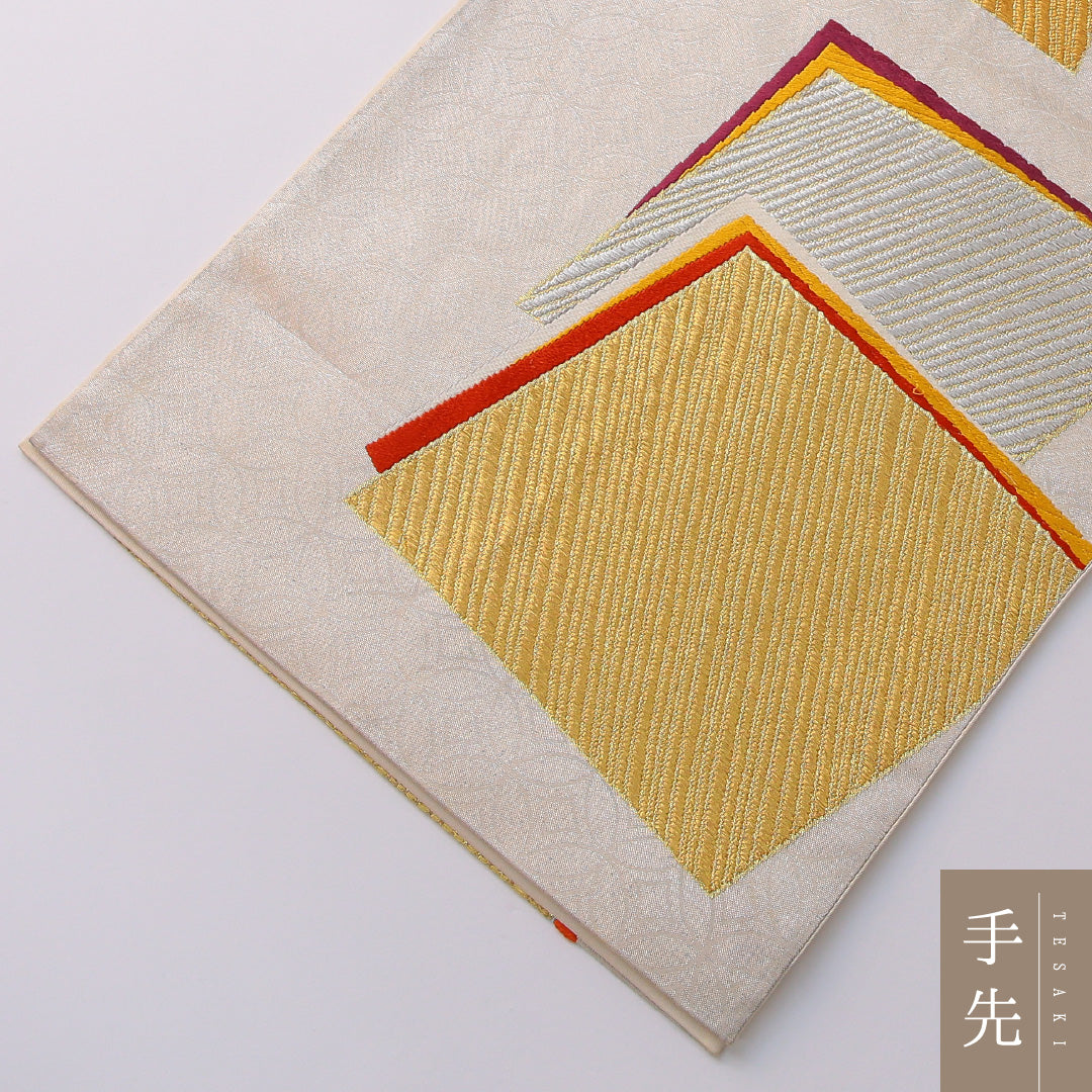 袋帯 帯丈420cm 正絹 六通 セミフォーマル 色紙 白系 金系 1243-01953