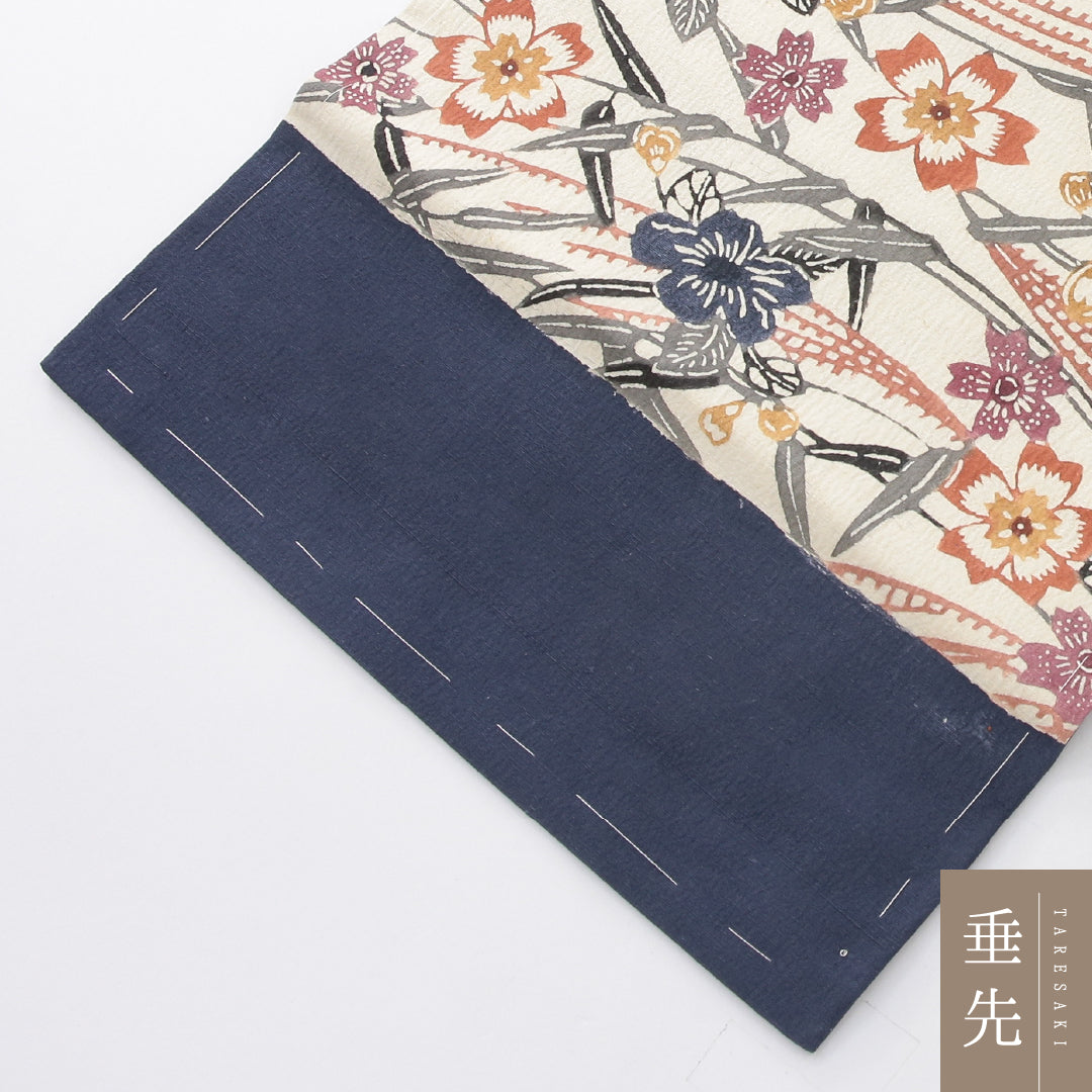 九寸名古屋帯 帯丈347cm インフォーマル 名古屋仕立て 六通 Cランク 正絹 染め帯 ちりめん 桜 クリーム系 紺系 1224-03986