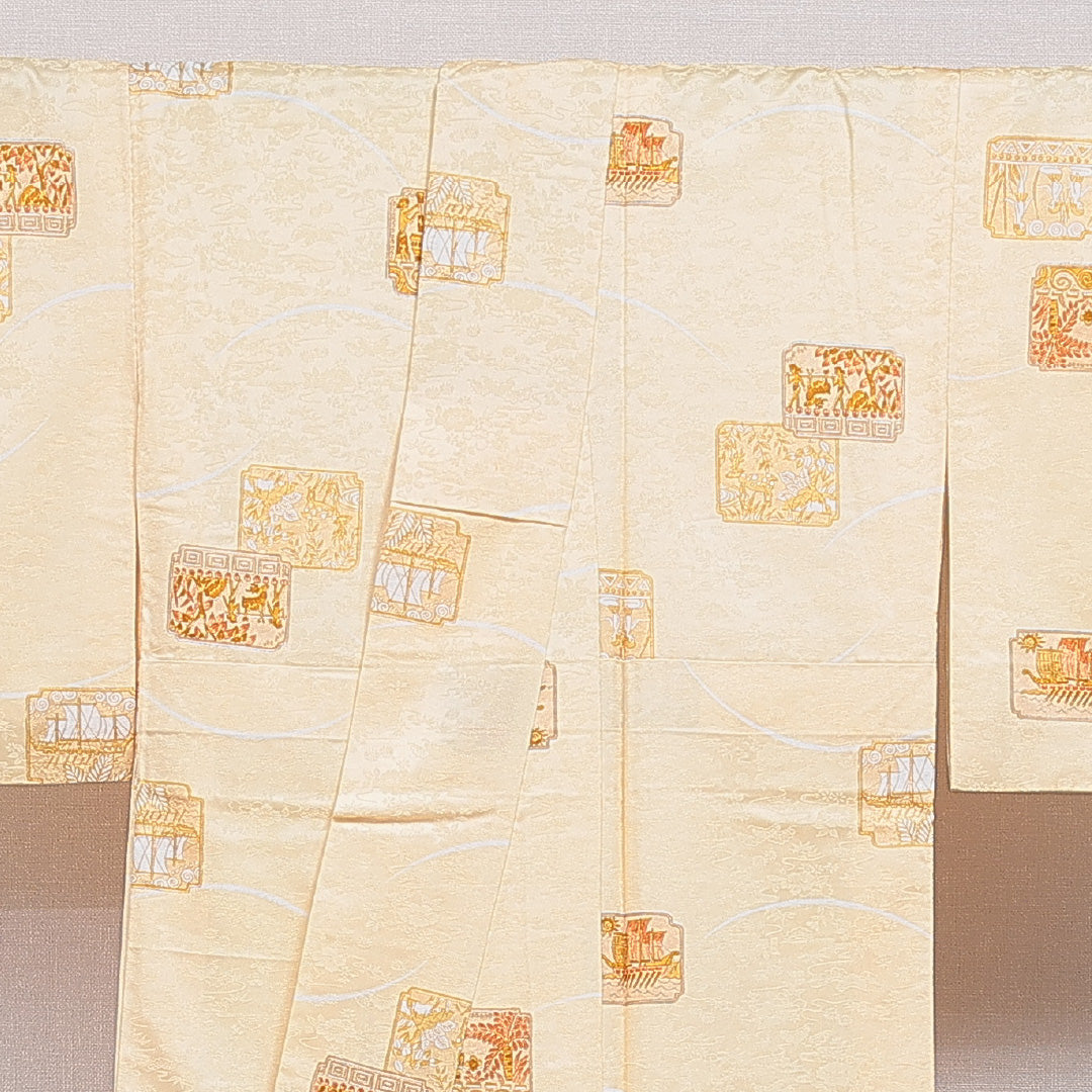小紋 袷 身丈159cm 裄丈63cm 正絹 Bランク インフォーマル 広衿 Mサイズ 鹿 人物 朱系 RP 1221-16053