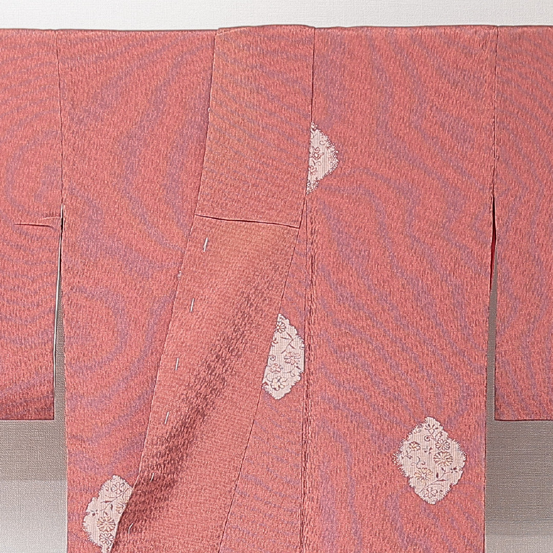 アンティーク 紬 袷 身丈153cm 裄丈63cm 正絹 Aランク Sサイズ 広衿 花柄 赤系 1216-15233