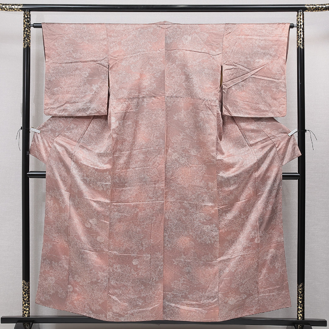 小紋 袷 身丈157cm 裄丈62cm 正絹 Cランク インフォーマル 広衿 Mサイズ 菊 ピンク系 LP 1221-15514