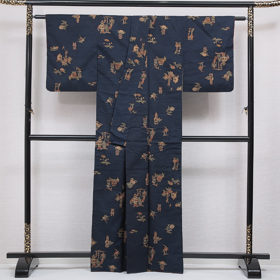 小紋 袷 身丈163cm 裄丈64cm 正絹 Aランク インフォーマル 広衿 Lサイズ 染め紬 花瓶 紺系 RP 1221-16656