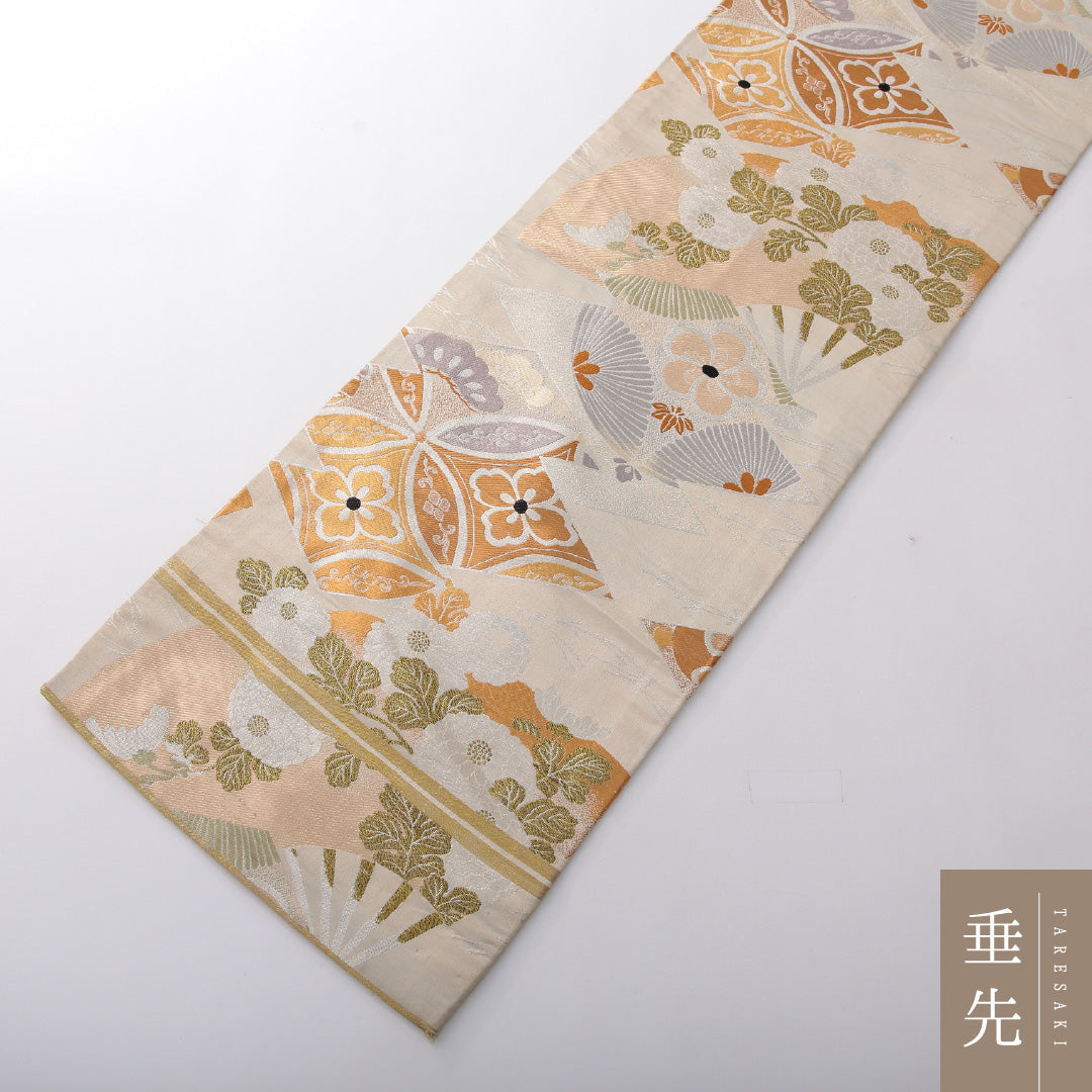アンティーク 九寸名古屋帯 帯丈370cm 名古屋仕立て 全通 Cランク 正絹 扇 梅 クリーム系 1224-03813
