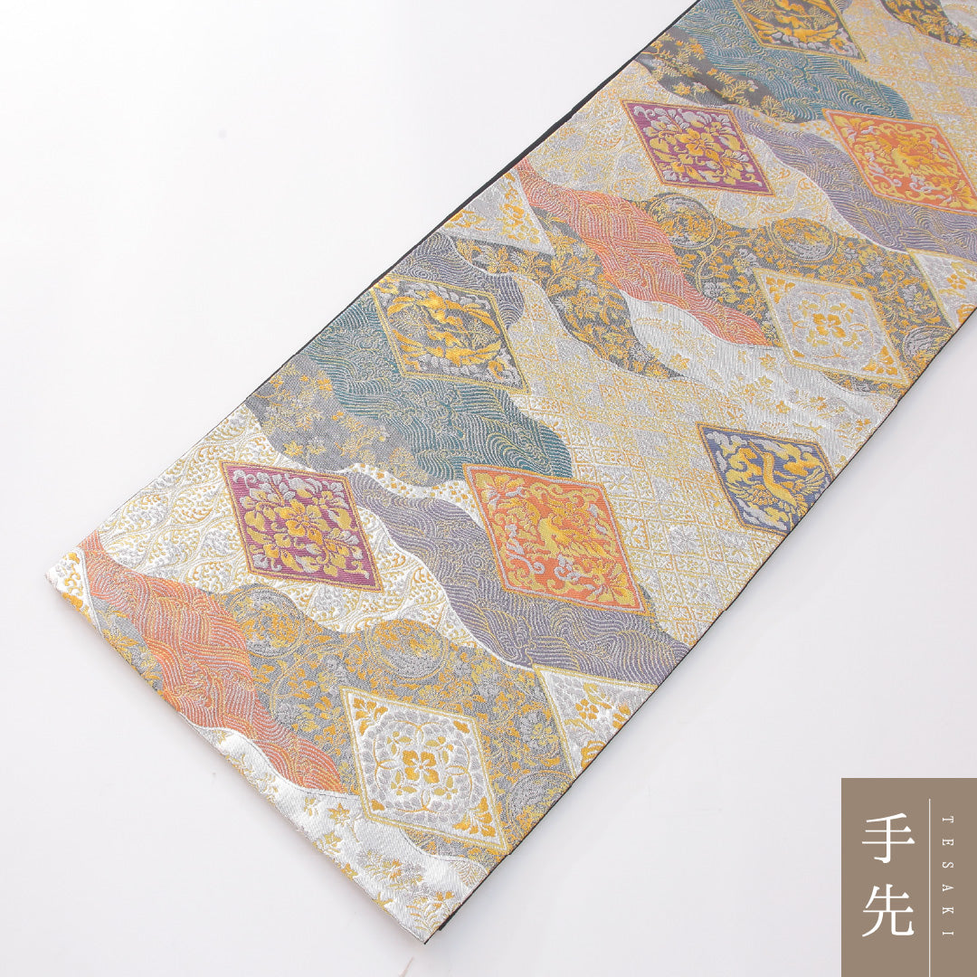 袋帯 帯丈450cm 正絹 六通 式図物語 フォーマル 平安絵巻 吉祥文様 金系 銀系 1243-02267