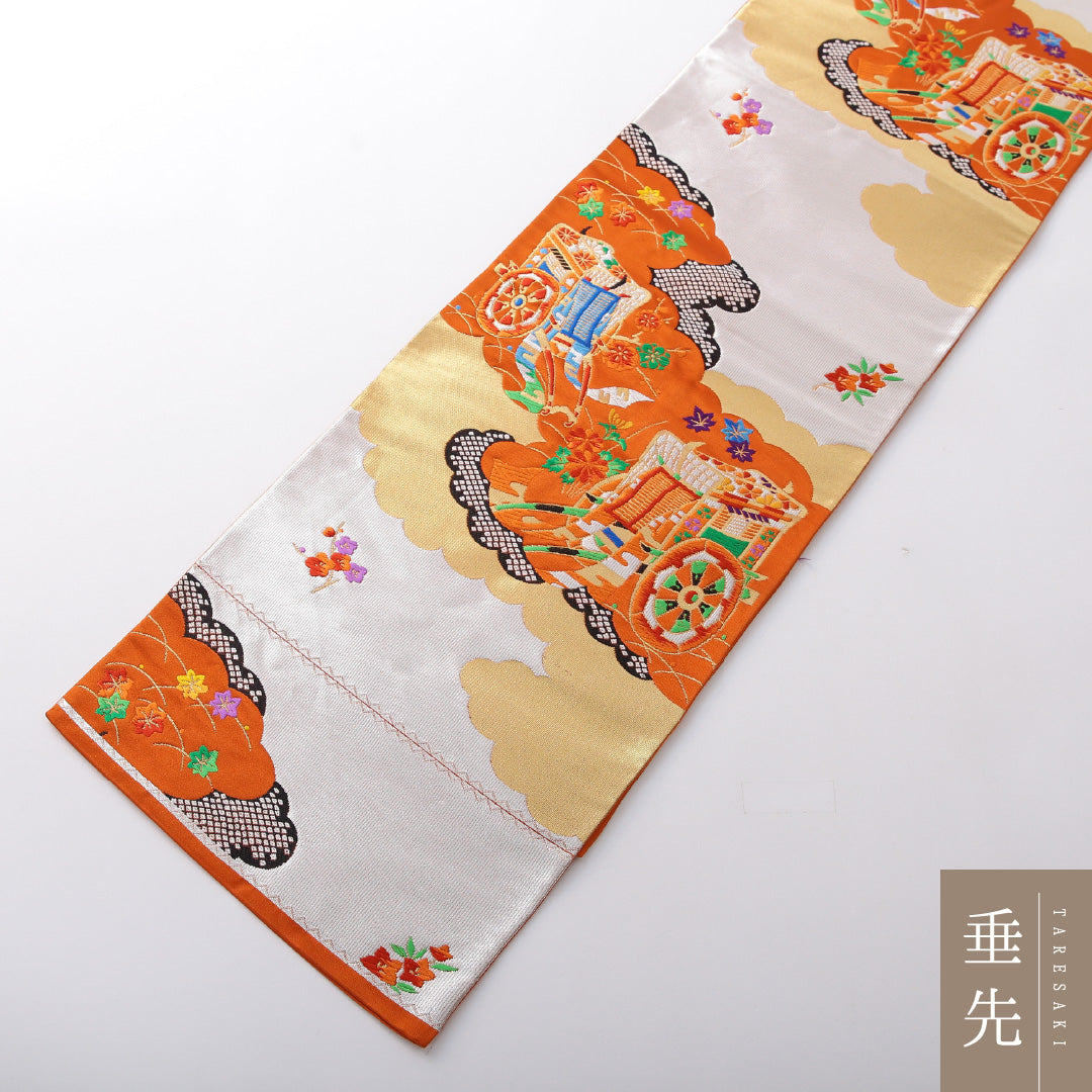 袋帯 帯丈436cm フォーマル 六通 Sランク 正絹 唐織 御所車 朱系 1223-02079