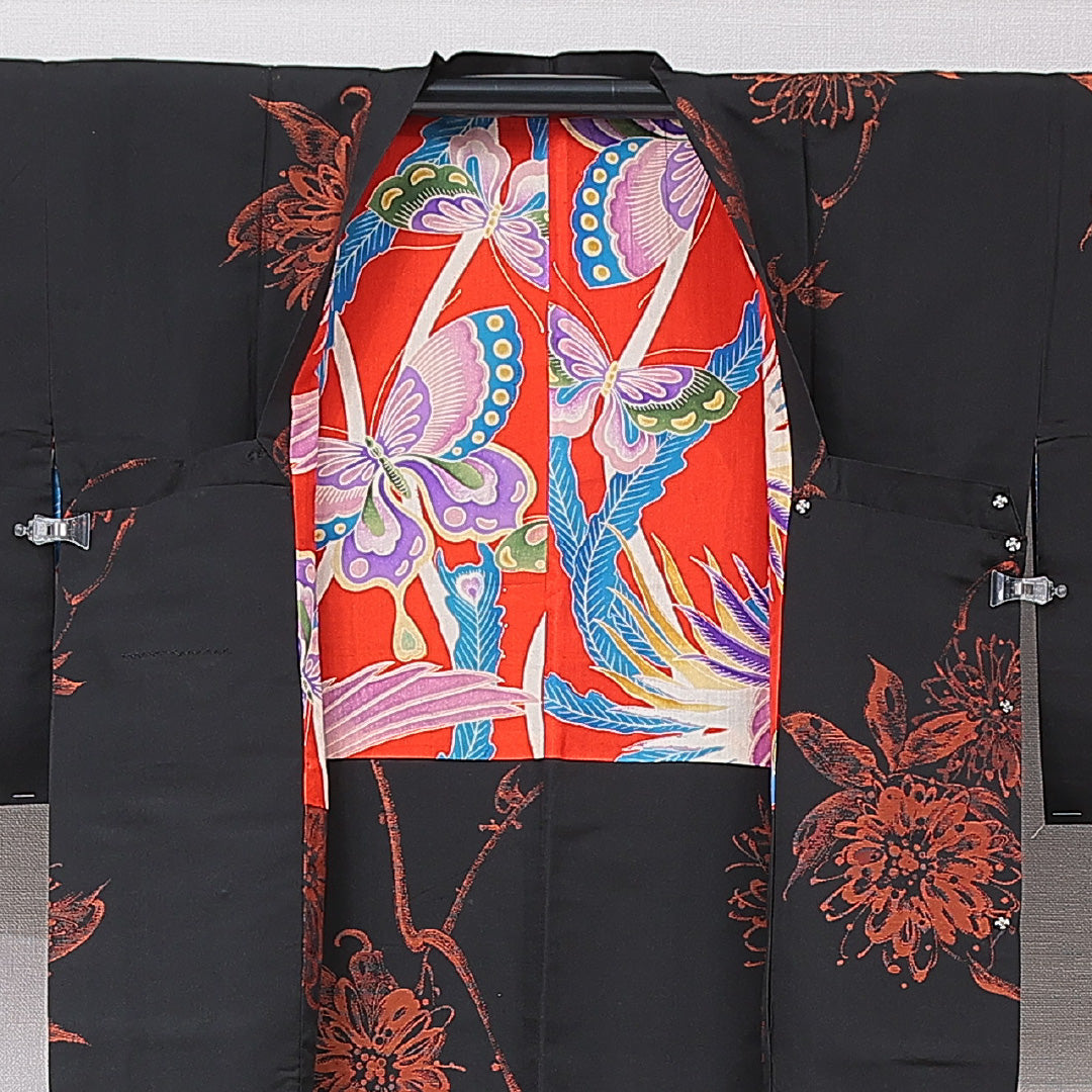 アンティーク 道行コート(お召) 袷 身丈88cm 裄丈62cm 正絹 Aランク Sサイズ ポケットあり 花柄 黒系 1263-16802