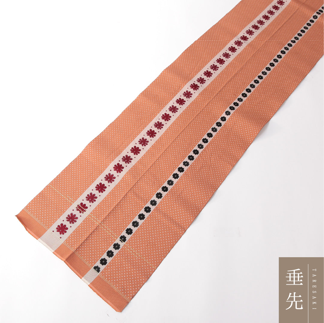 八寸名古屋帯 帯丈376cm カジュアル 開き仕立て 全通 Aランク 正絹 博多織 菊 朱系 1224-03166