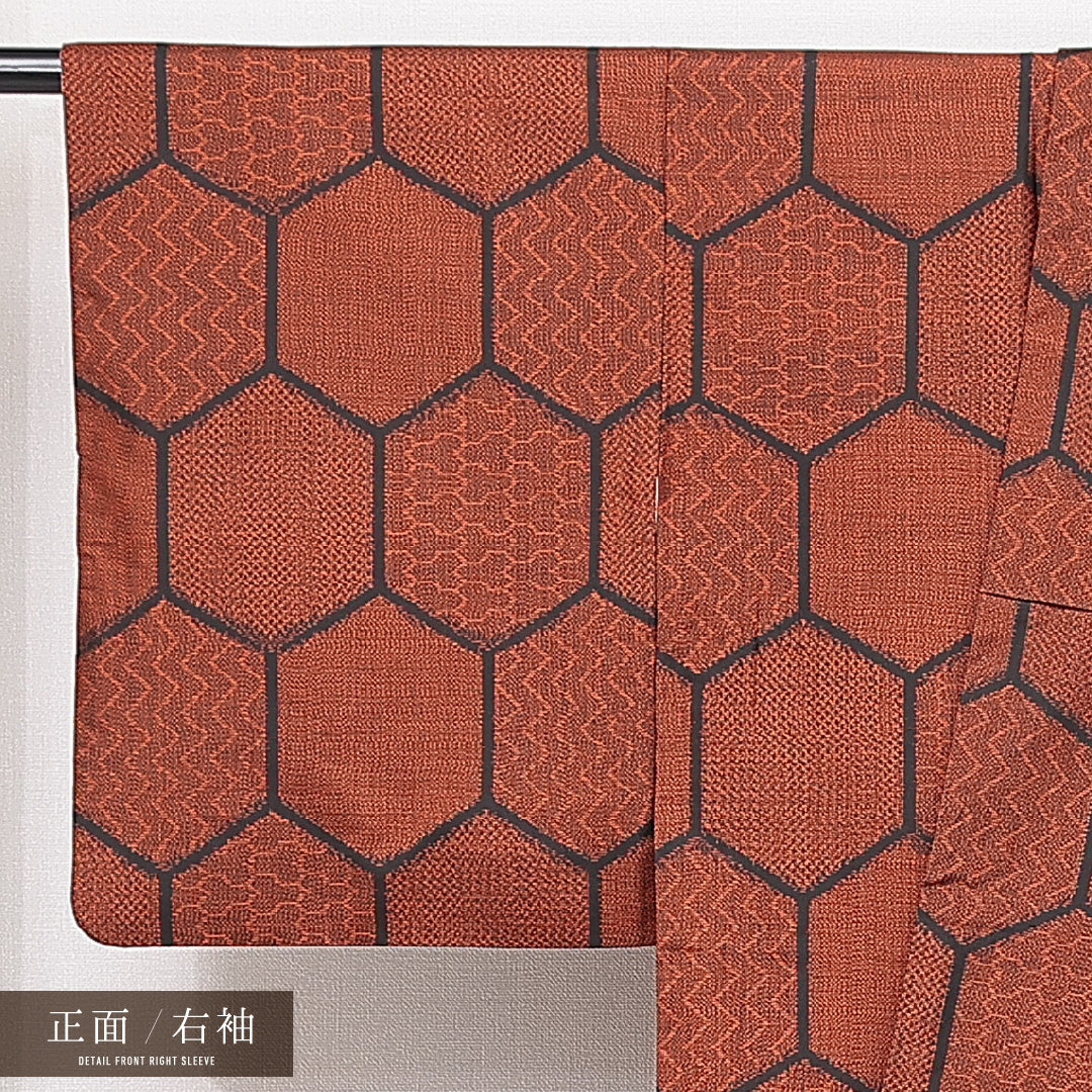 大島紬 袷 身丈160cm 裄丈62cm 正絹 Aランク インフォーマル 広衿 Lサイズ 亀甲 朱系 RP 1223-15029