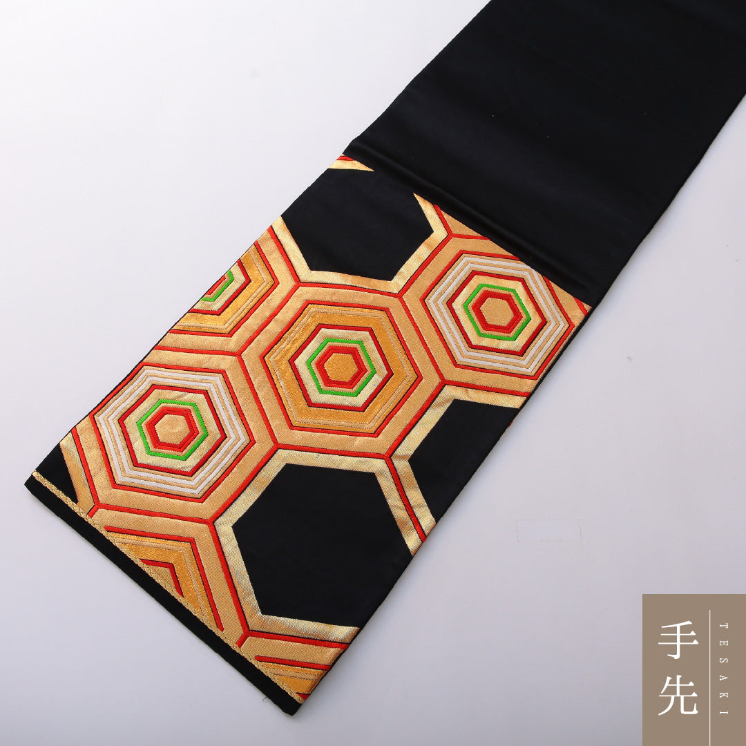 アンティーク 袋帯 帯丈424cm 六通 Aランク 正絹 亀甲 黒系 1223-01999