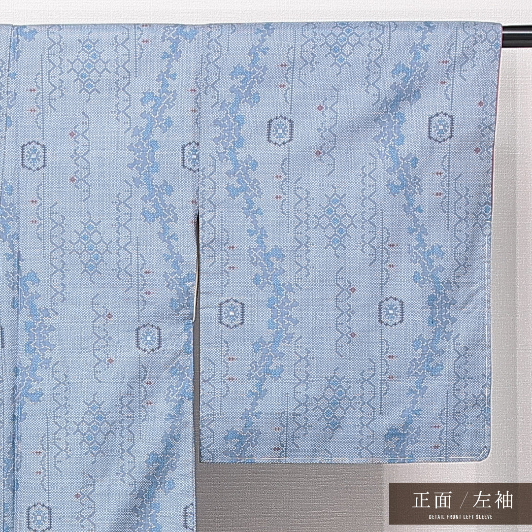 大島紬 袷 身丈157cm 裄丈62cm 正絹 Bランク インフォーマル 広衿 Mサイズ 花柄 水色系 RP 1223-15031