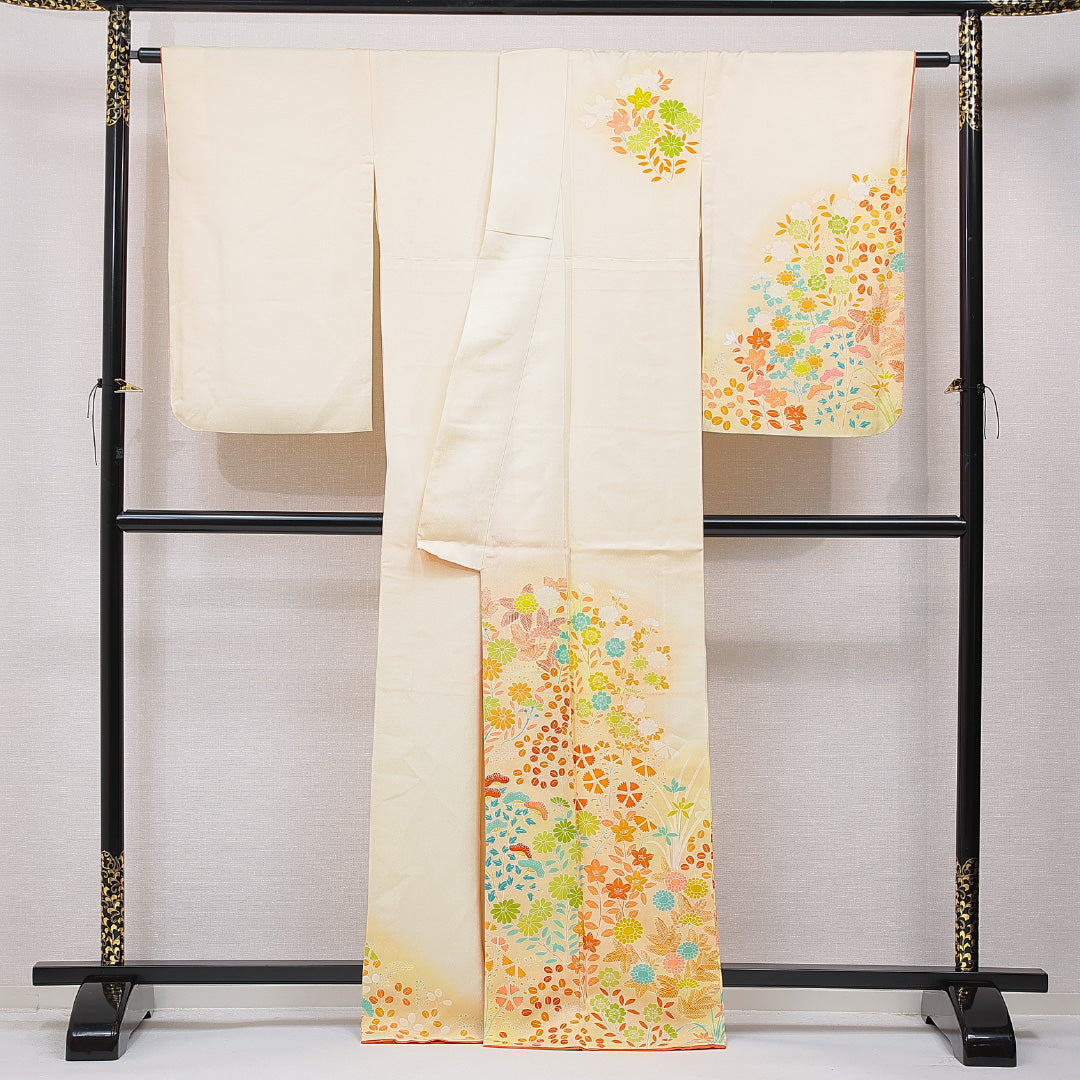 付下げ 袷 身丈166cm 裄丈66cm 正絹 Cランク XLサイズ 広衿 インフォーマル 花柄 クリーム系 1261-15655