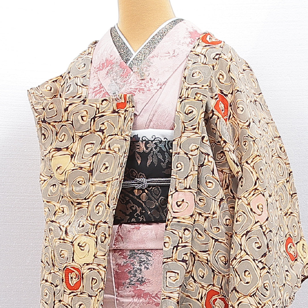 羽織 袷 身丈84cm 裄丈62cm 正絹 Sランク カジュアル Sサイズ 創作柄 茶系 RP 1232-16808