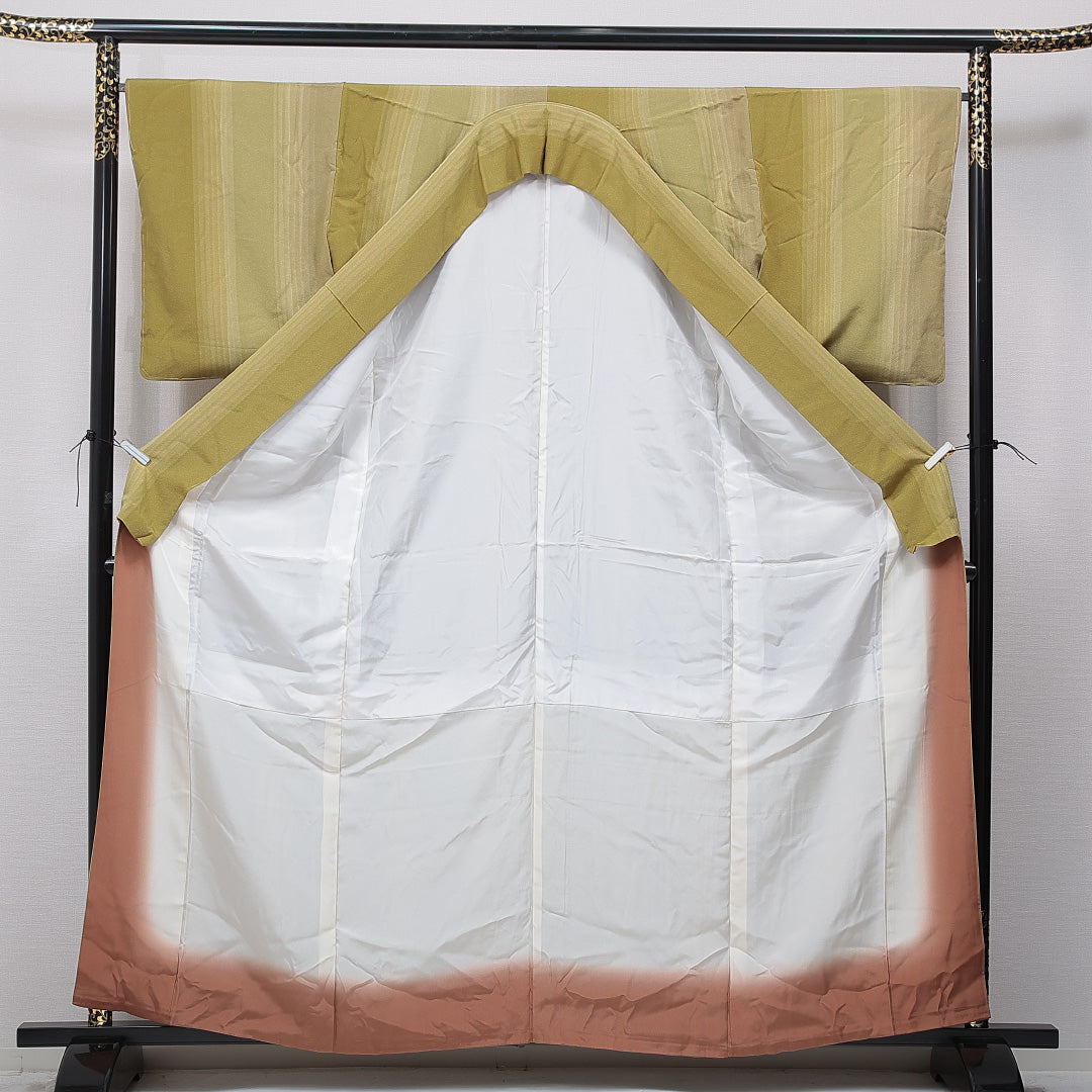 小紋 袷 身丈160cm 裄丈66cm 正絹 Sランク インフォーマル 広衿 Lサイズ 縞 緑系 RP 1221-15723